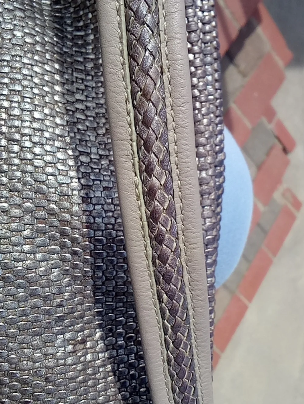 Cole Haan Pewter Golden Beige Woven Leather Genevieve Large Bucket Hobo